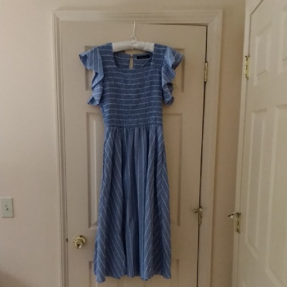 Simple Blue Striped Smocked Dress with Flutter Sleeves